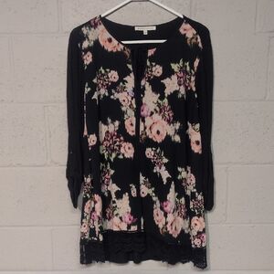 Daniel Rainn Floral Flowy Tunic Top Keyhole Long Sleeve Blouse Plus Size 1X